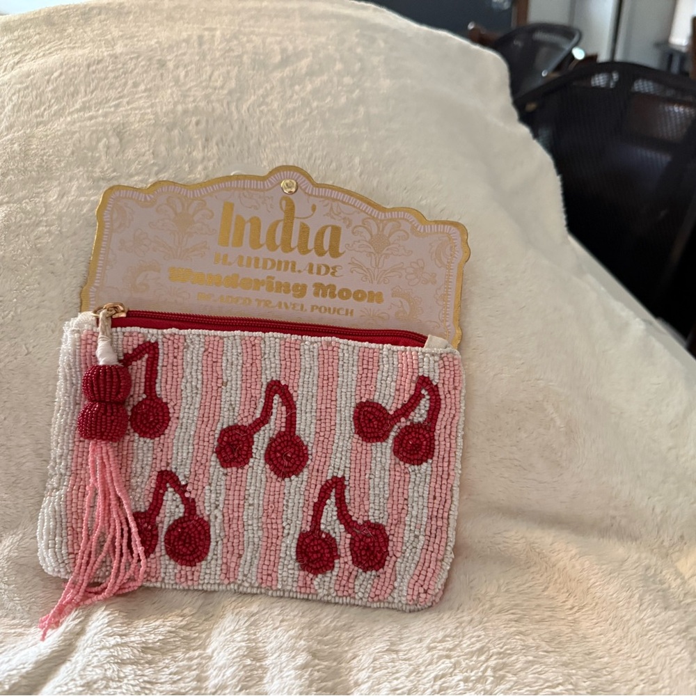 Handcrafted Cherry Beaded Cosmetic Pouch - Pink and Red